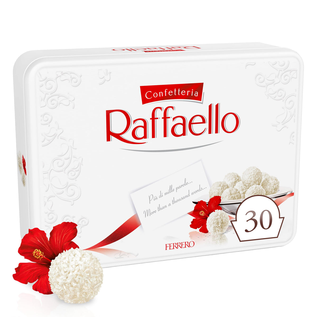 Raffaello coconut almond pralines in a metal tin, ideal for gifting and sharing.
