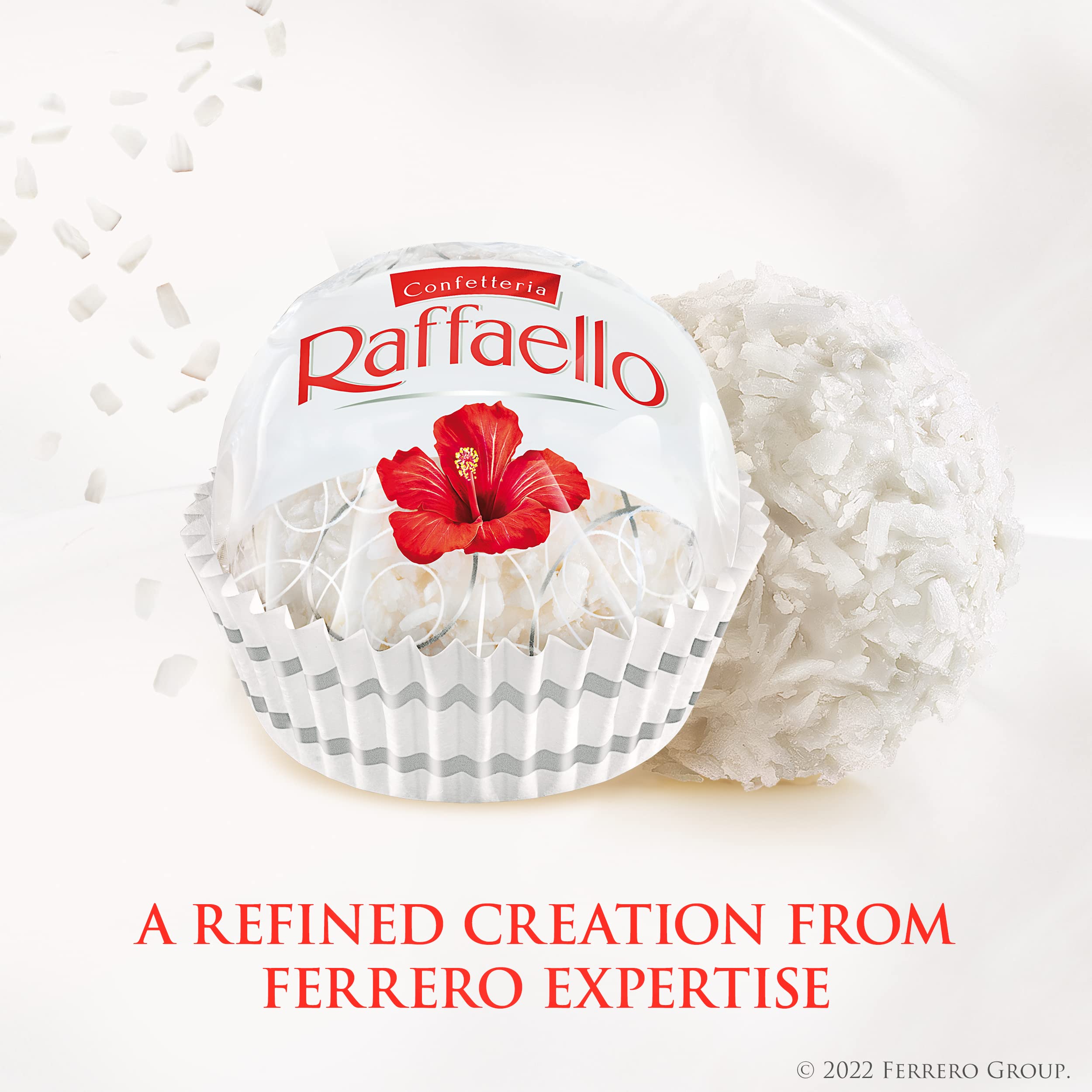 Delicate coconut flakes over a white almond center for a premium bite.