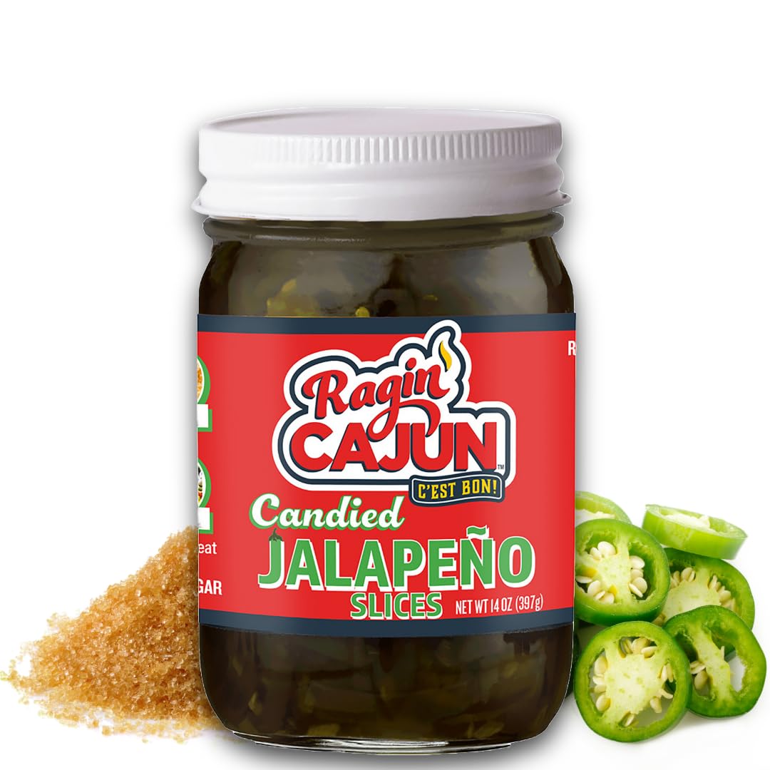 Ragin' Cajun Candied Jalapeño Slices jar front showcasing bold flavor.