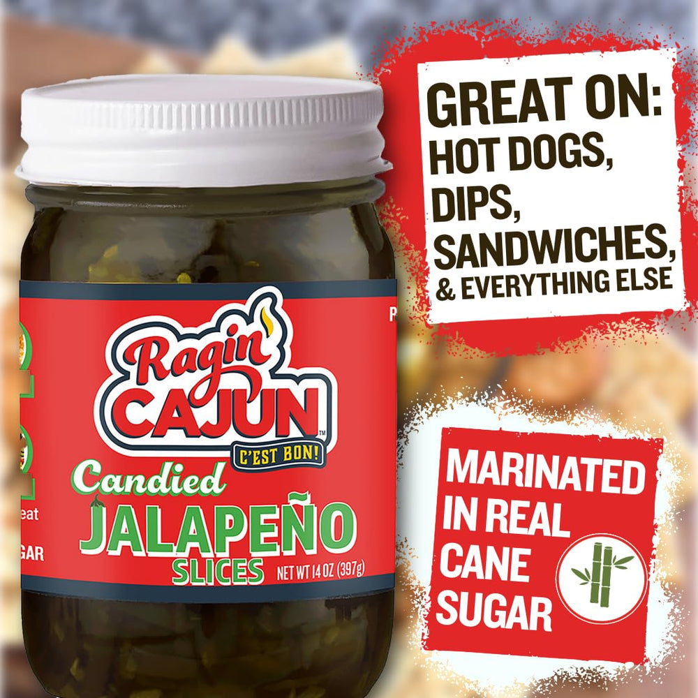 Ragin' Cajun Candied Jalapeño Slices atop nachos for a tangy crunch.
