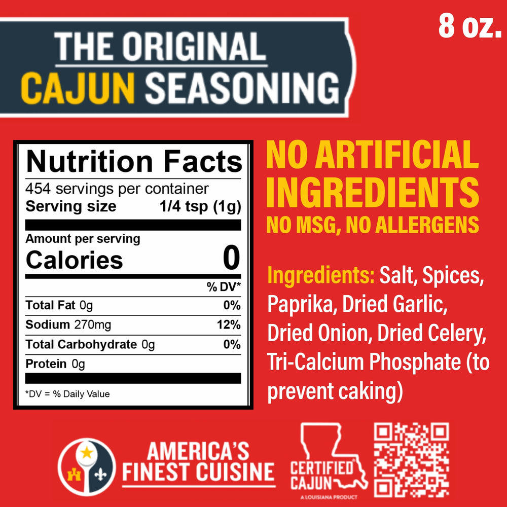 Ragin' Cajun Original Seasoning 8oz canister label visible, trusted Louisiana taste