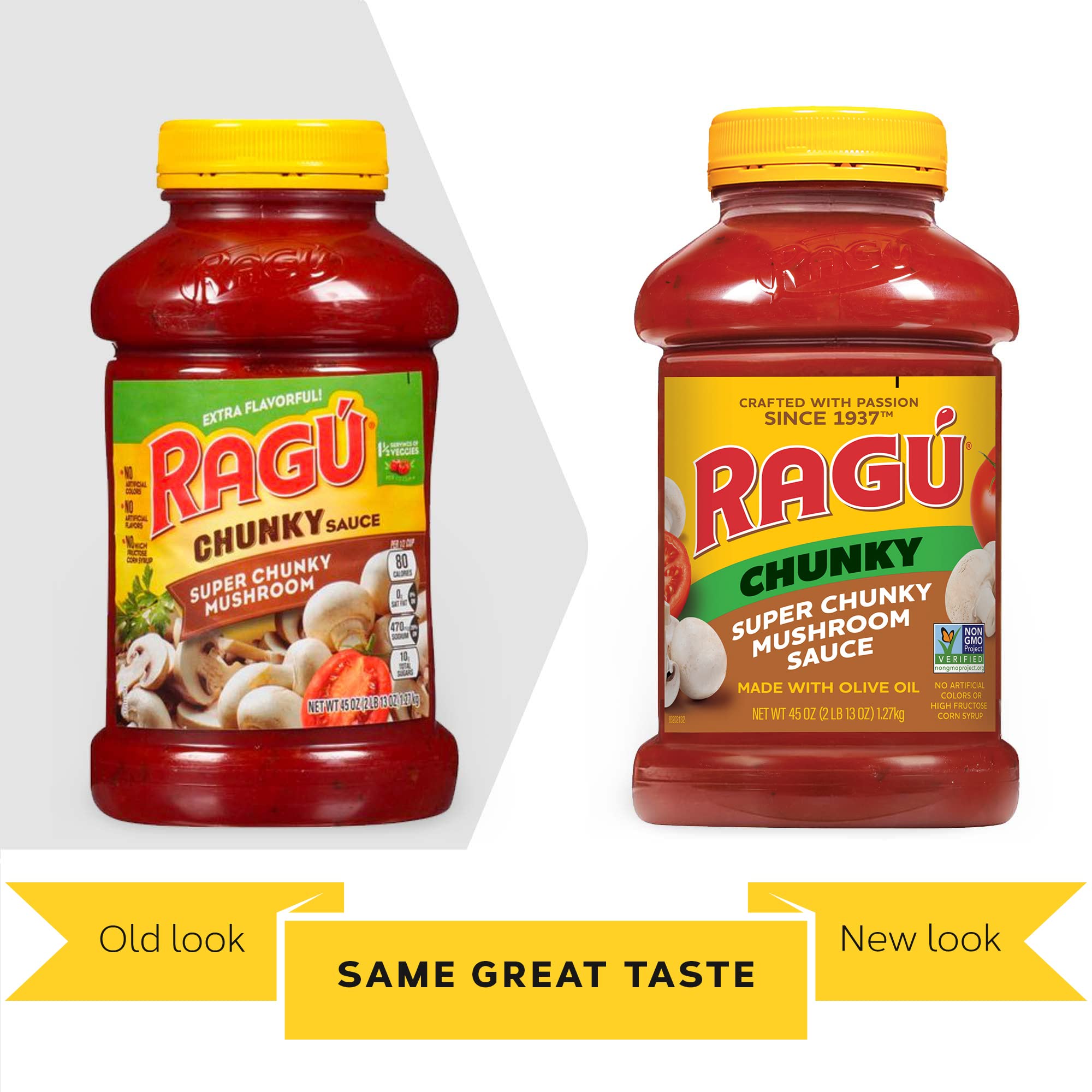 Mushroom pieces and tomato chunks highlight natural ingredients in Ragú sauce.