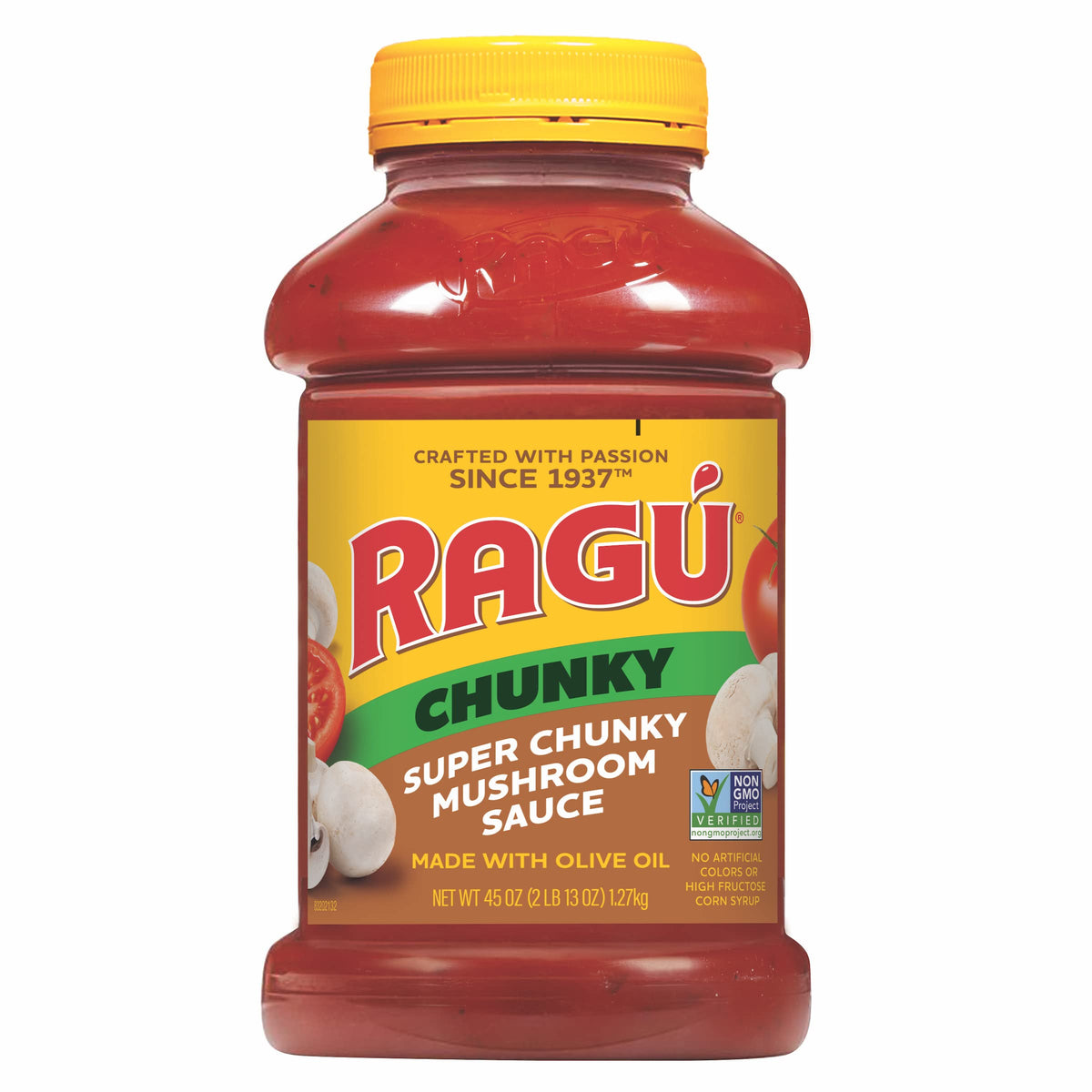 RAGÚ Chunky Mushroom sauce jar with visible mushrooms for hearty weeknight dinners.
