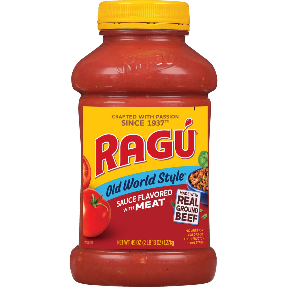 RAGÚ Old World Style Sauce with Meat 45 oz jar ready for weeknight dinners.