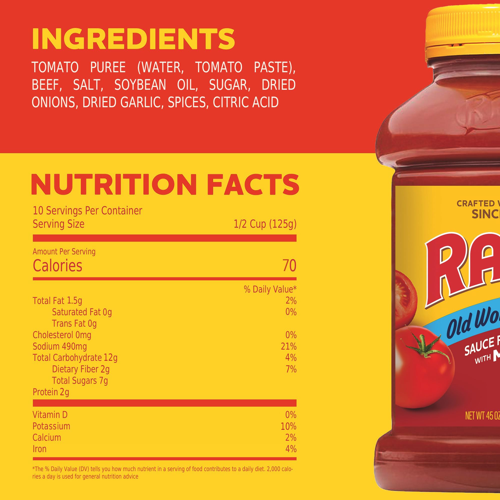 RAGÚ Old World Style Sauce with Meat close-up shows ripe tomatoes and herbs.