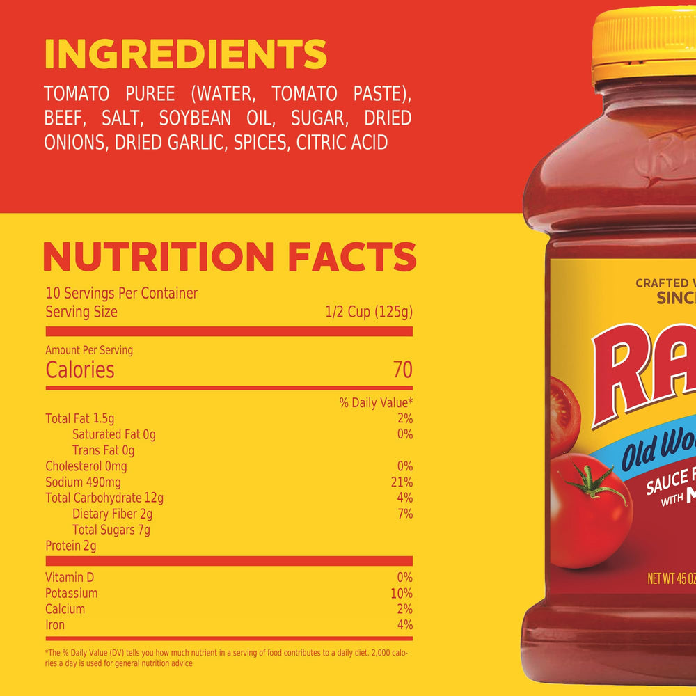 RAGÚ Old World Style Sauce with Meat close-up shows ripe tomatoes and herbs.