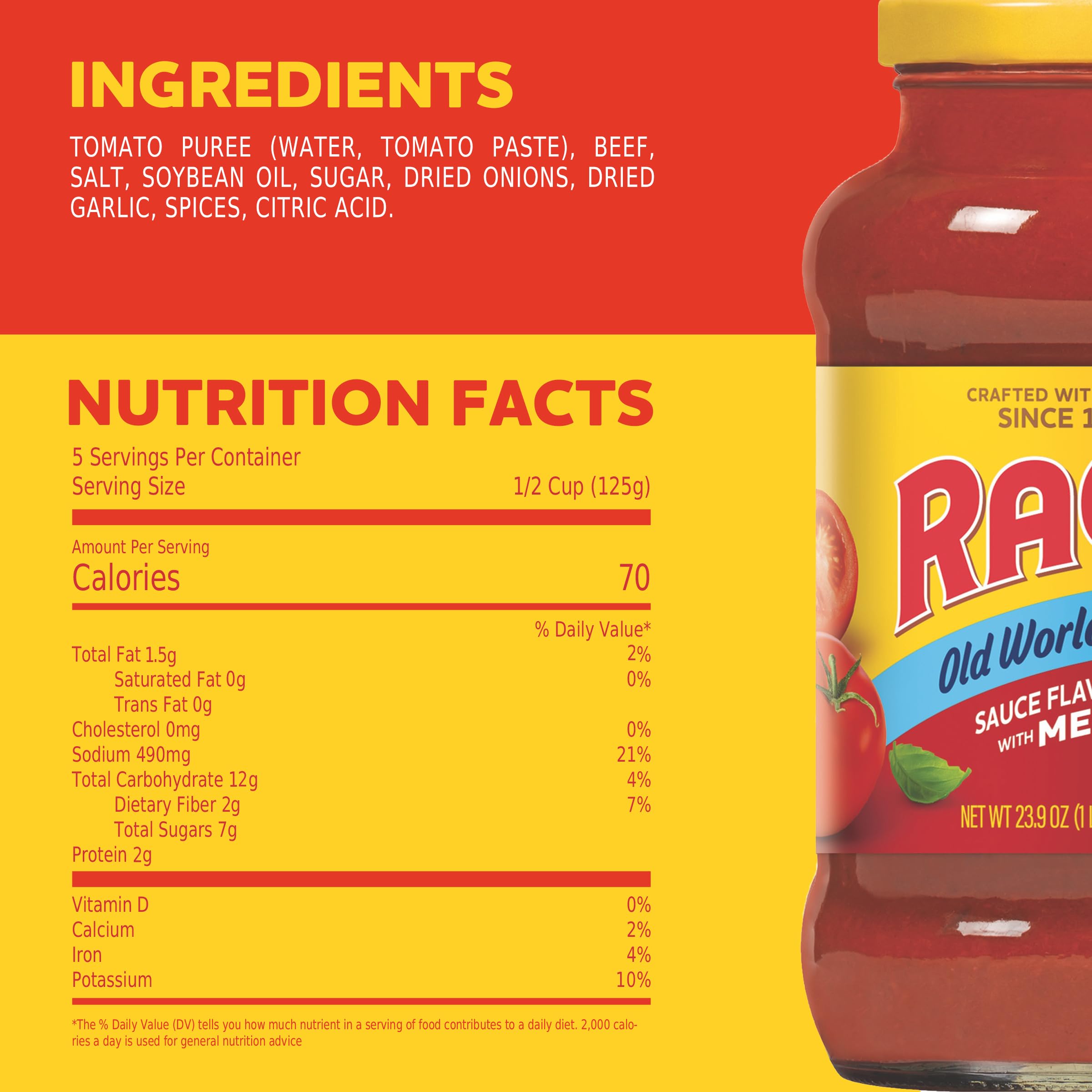 RAGÚ Old World Style sauce label highlights tomatoes and beef for rich flavor