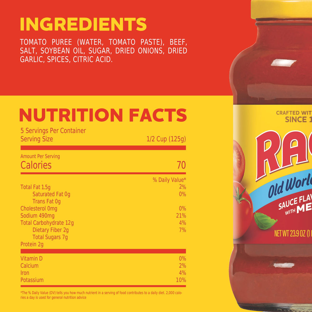 RAGÚ Old World Style sauce label highlights tomatoes and beef for rich flavor