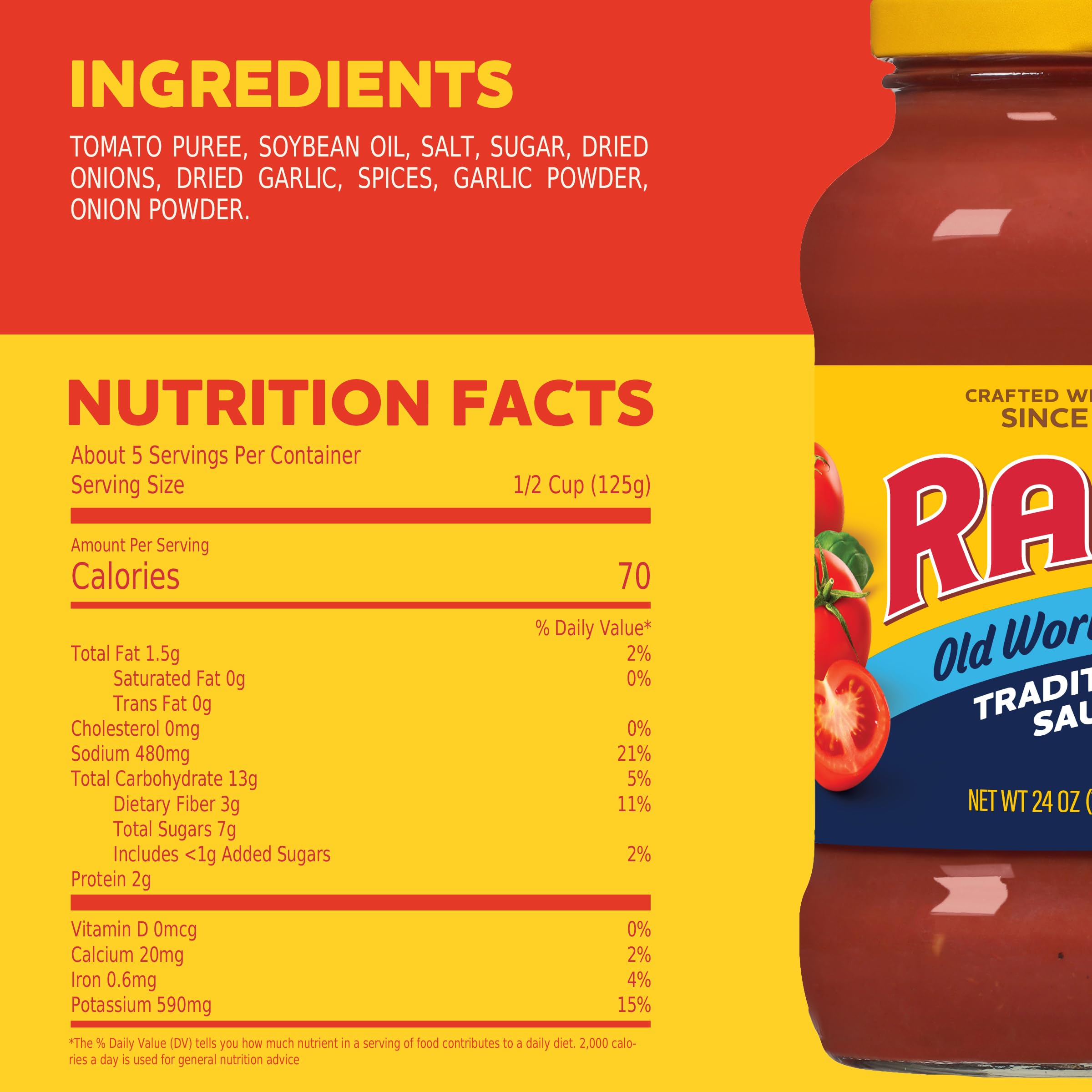 Ragú Old World Style sauce ingredients label highlights tomatoes and herbs for rich, authentic aroma