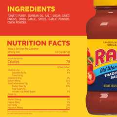 Ragú Old World Style sauce ingredients label highlights tomatoes and herbs for rich, authentic aroma