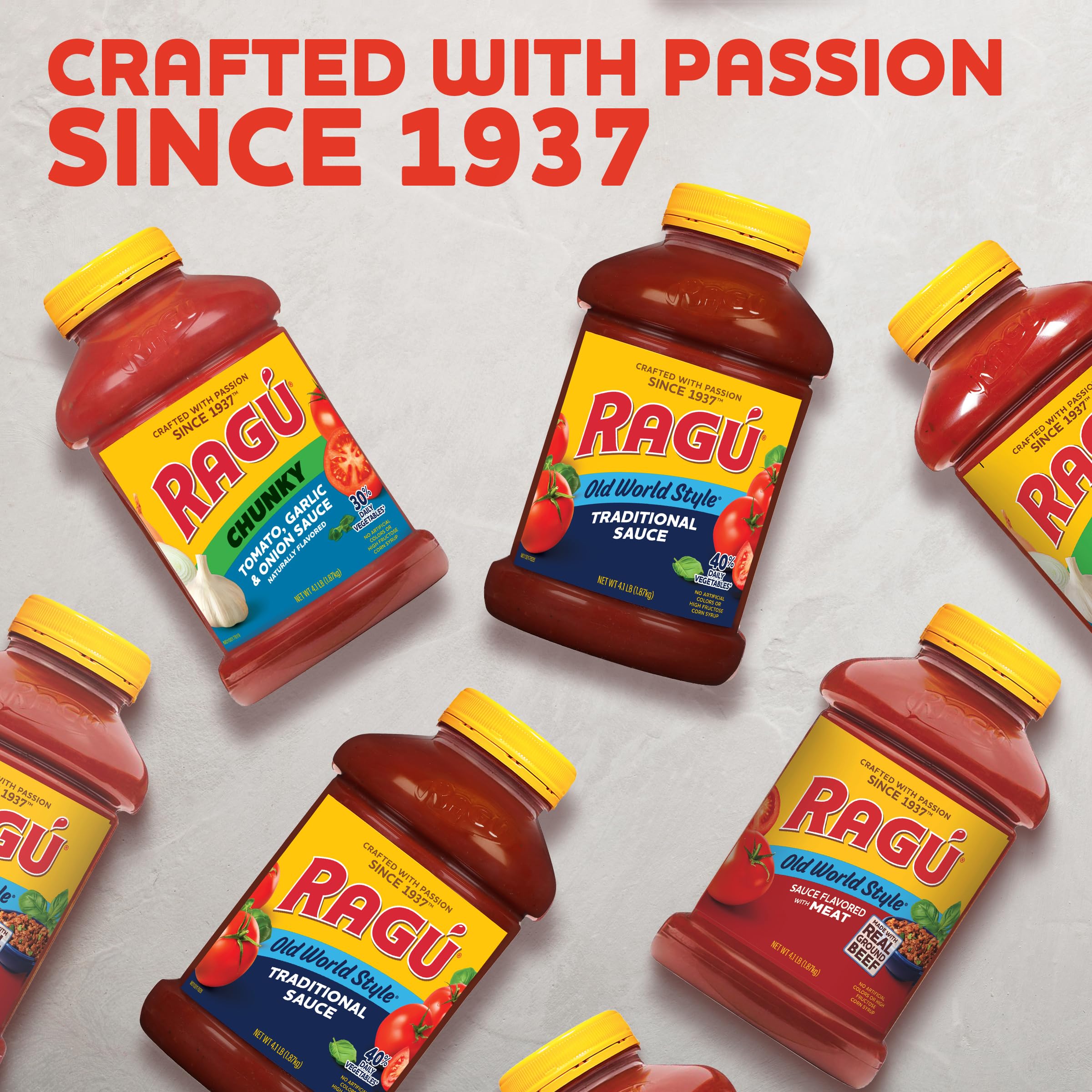 Tomatoes, olive oil, and herbs shown as ingredients in RAGÚ Old World Style sauce
