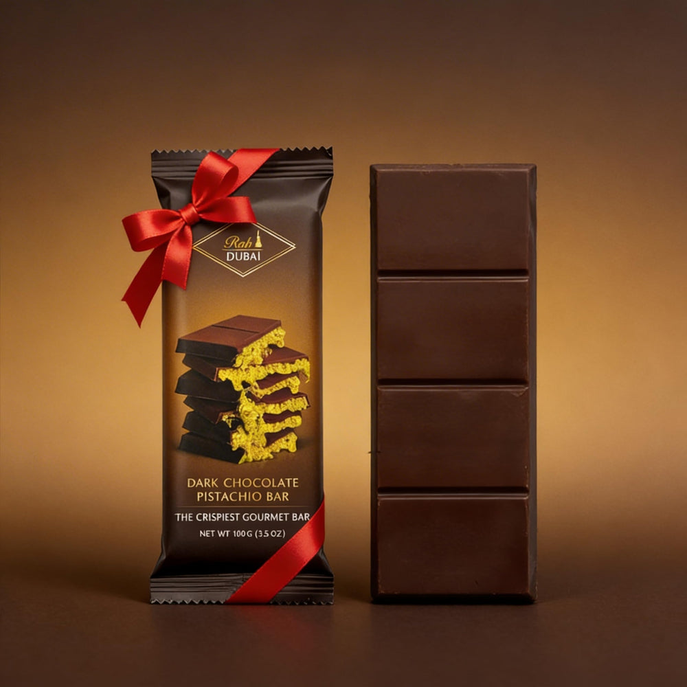 Rah Dubai chocolate bar stacked for display highlights premium sourcing