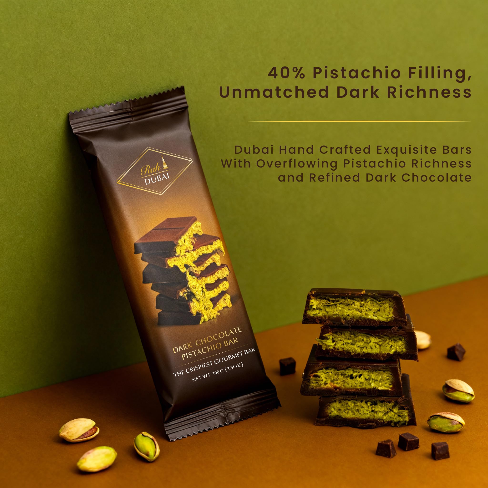 Rah Dark Dubai chocolate bar kataifi-crunch cross-section with creamy pistachio filling