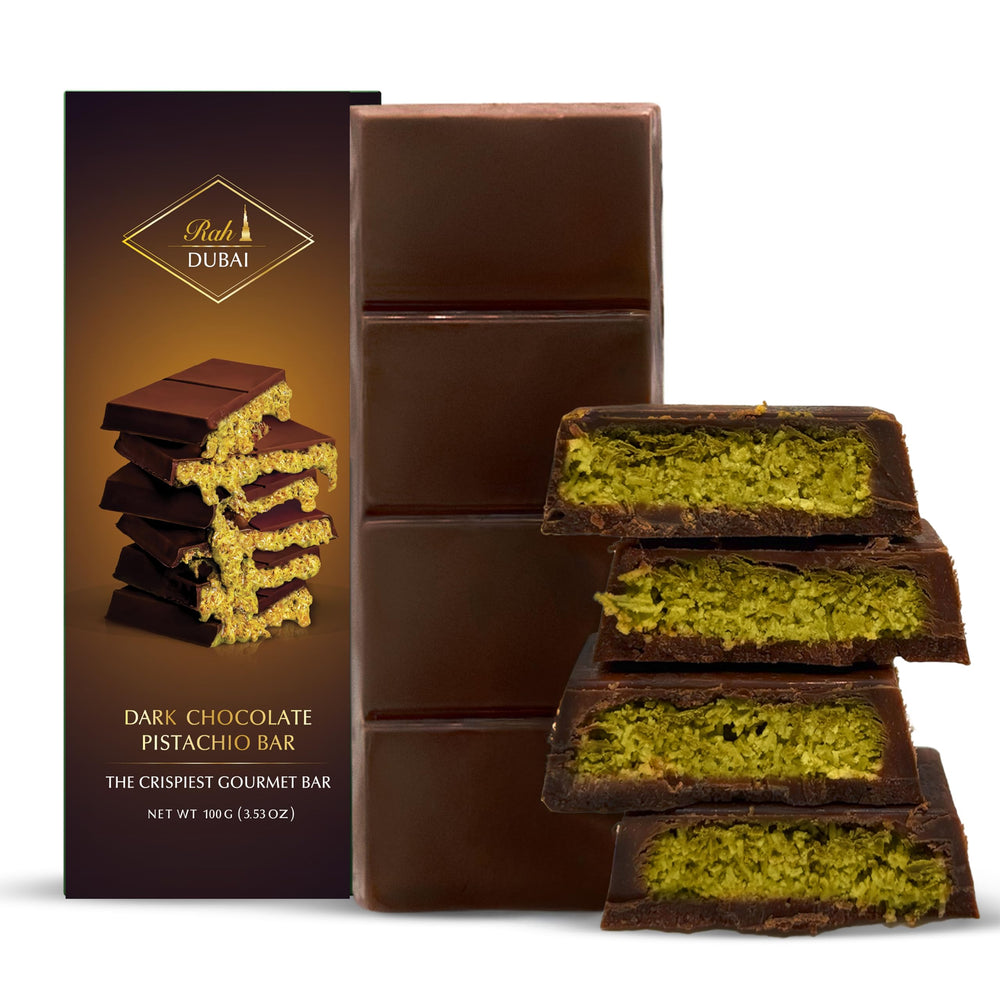 Rah Dark Dubai Pistachio chocolate bar close-up of pistachio cream and crisp kataifi