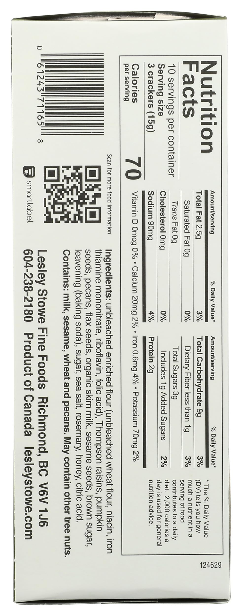 Raincoast Crisps ingredients view emphasizes rosemary, raisins, and pecans.