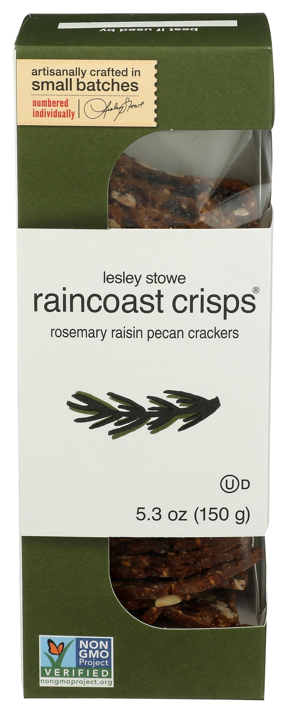 Raincoast Crisps packaging highlights rosemary raisin pecan crackers, premium ingredients.