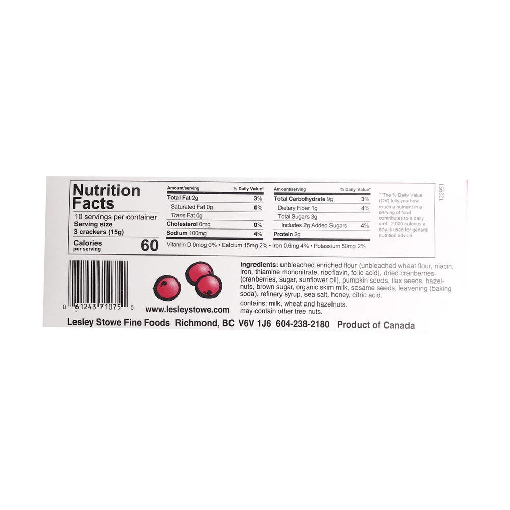 Raincoast Lesley Stowe Crisps Hazelnut Cranberry closeup reveals nutty texture