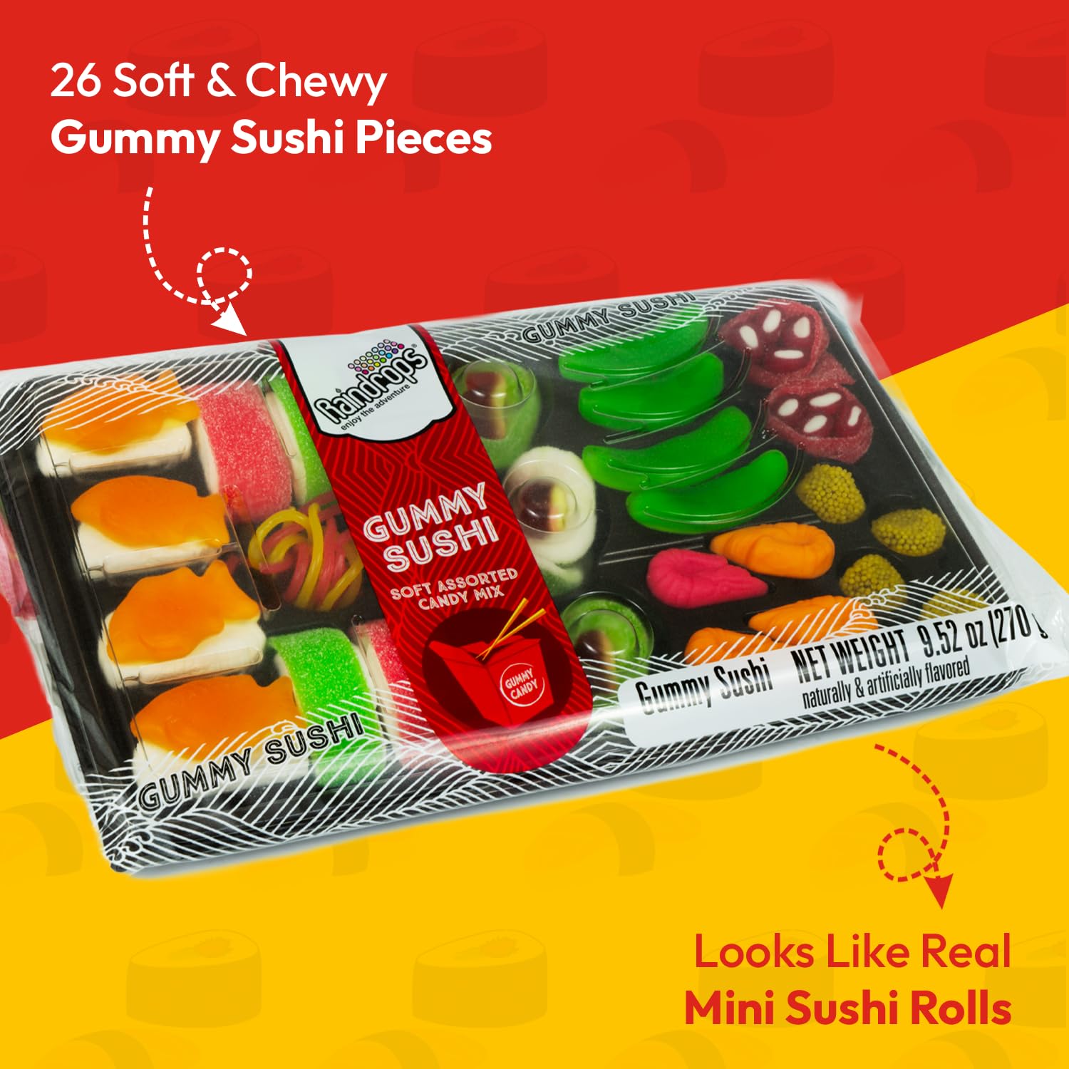 Raindrops colorfully shaped sushi gummies for a fun dessert table display.