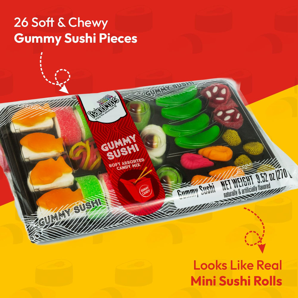 Raindrops colorfully shaped sushi gummies for a fun dessert table display.