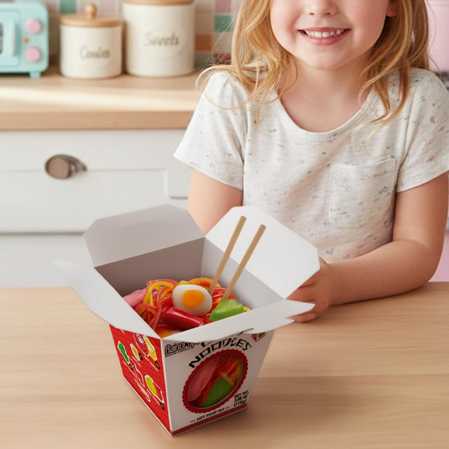 Raindrops Gummy Noodles displays at a birthday party table.