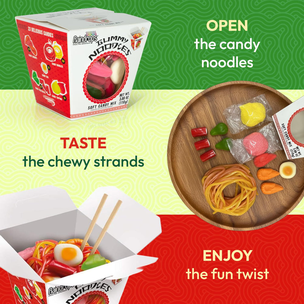 Raindrops Gummy Noodles gift-ready packaging enhances party gifting.
