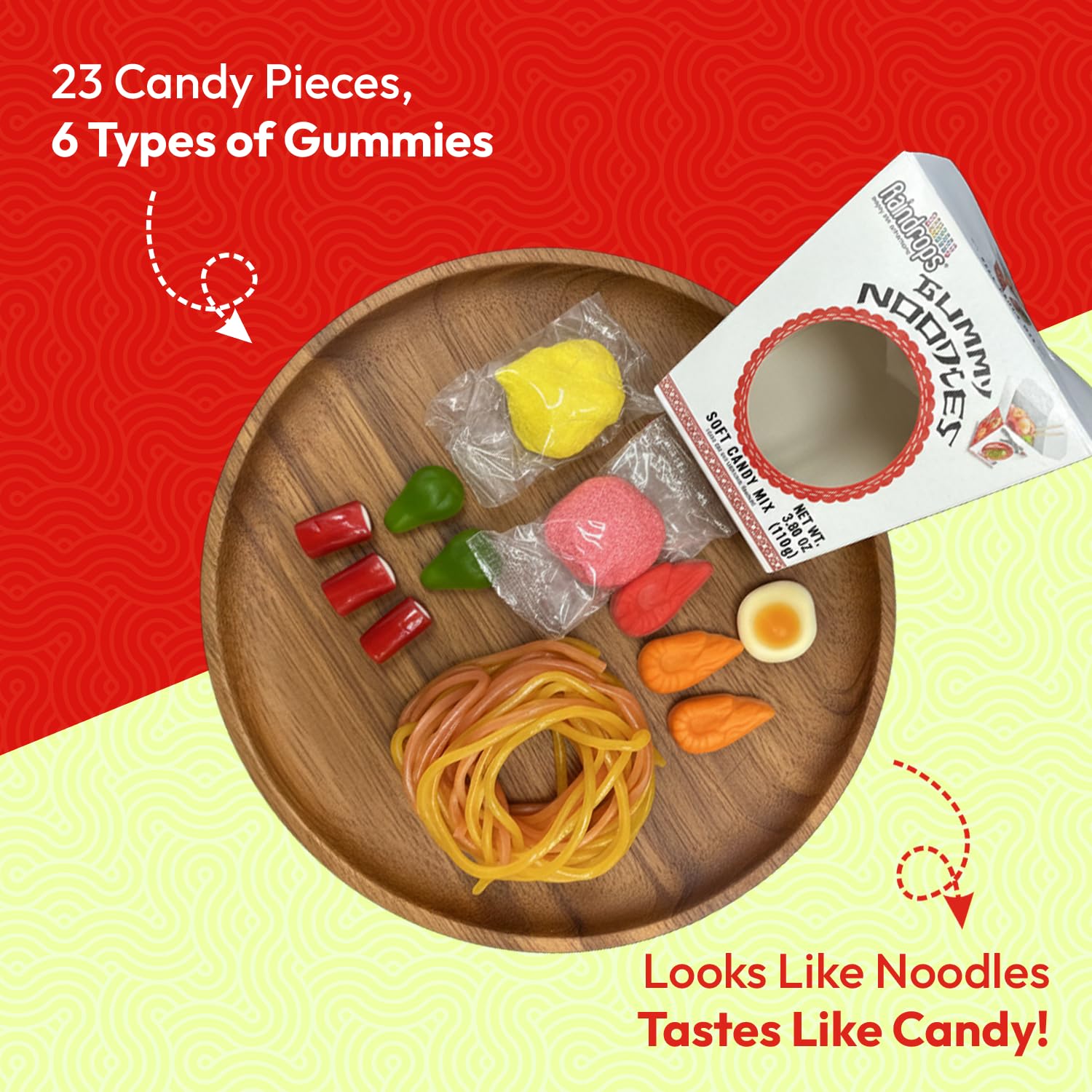 Raindrops Gummy Noodles soft, chewy textures offer satisfying bite.