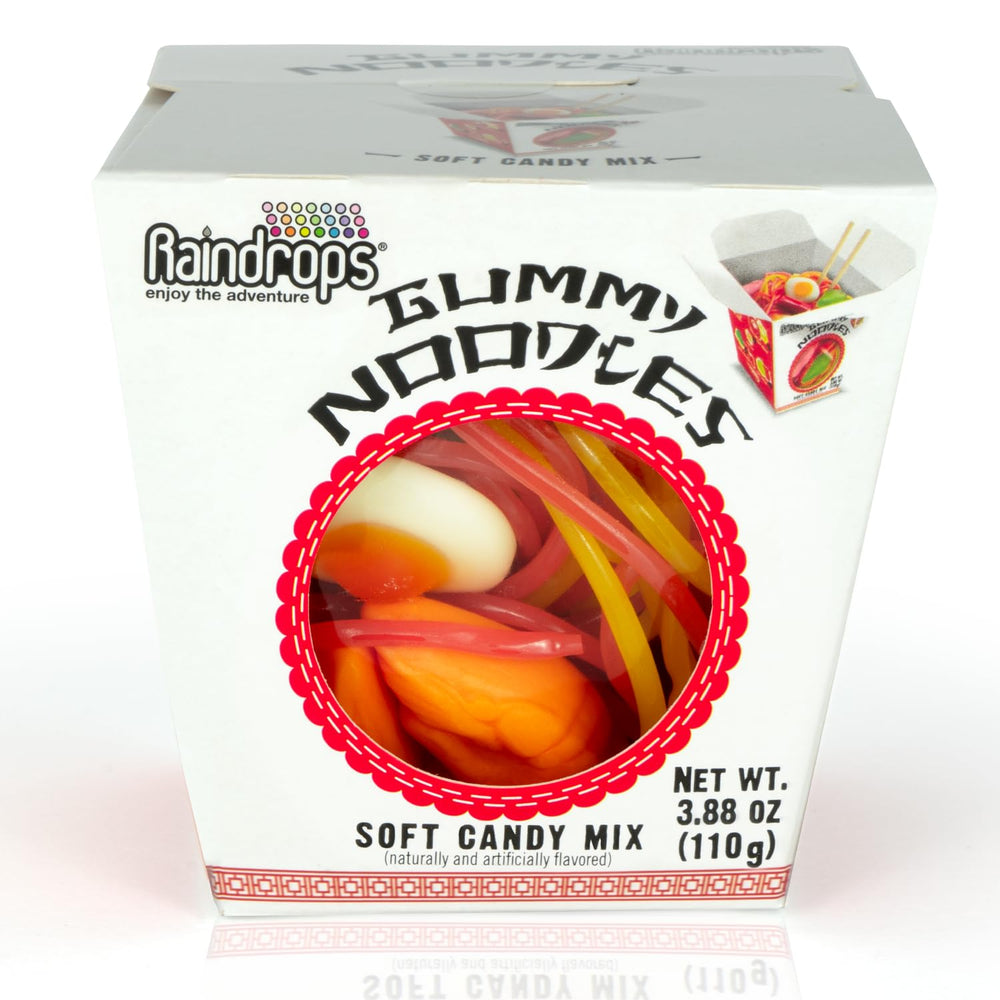 Raindrops Gummy Noodles takeout box closeup, playful party snack ready to share.