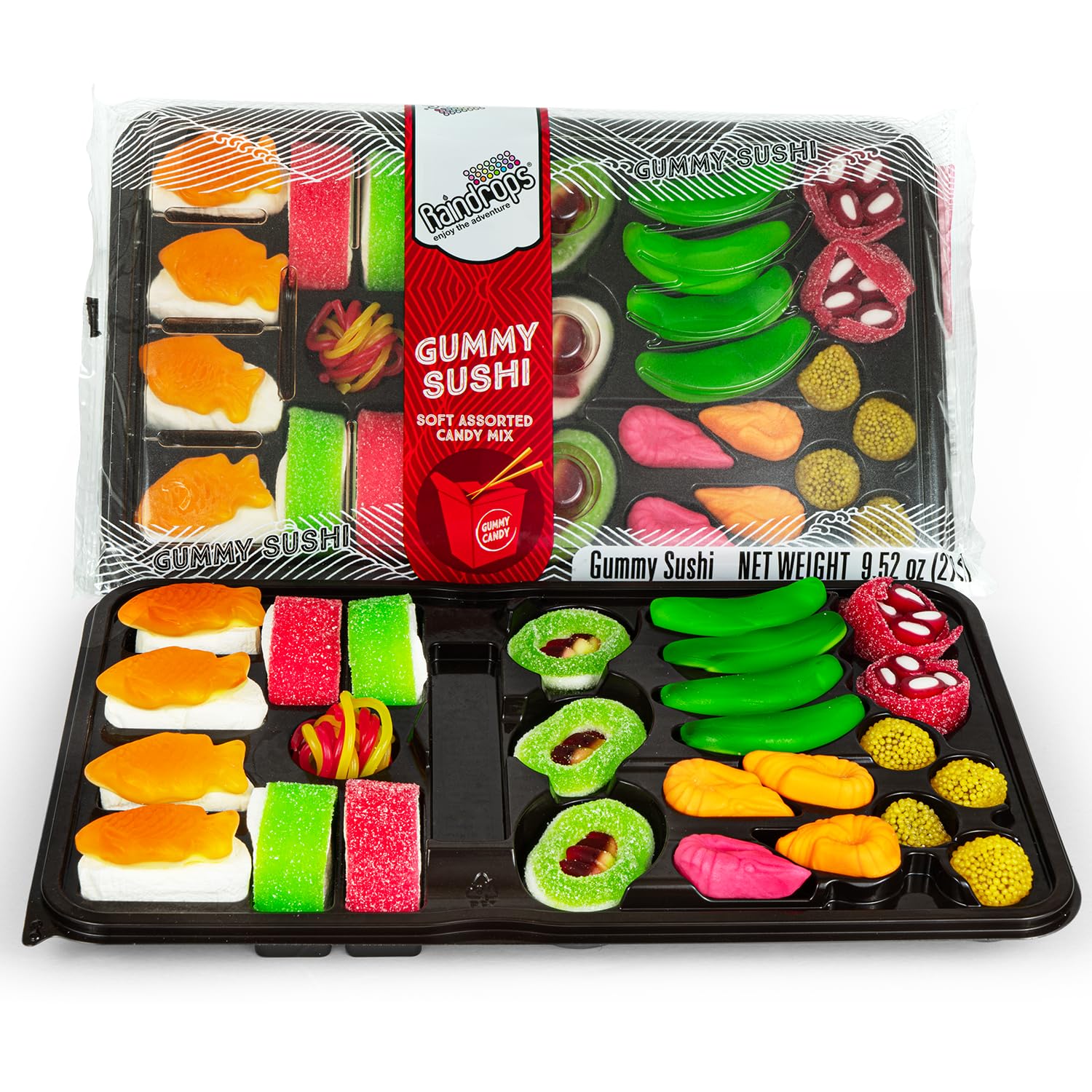 Raindrops gummy sushi candy in a bento box, vibrant and kid-friendly party snack.
