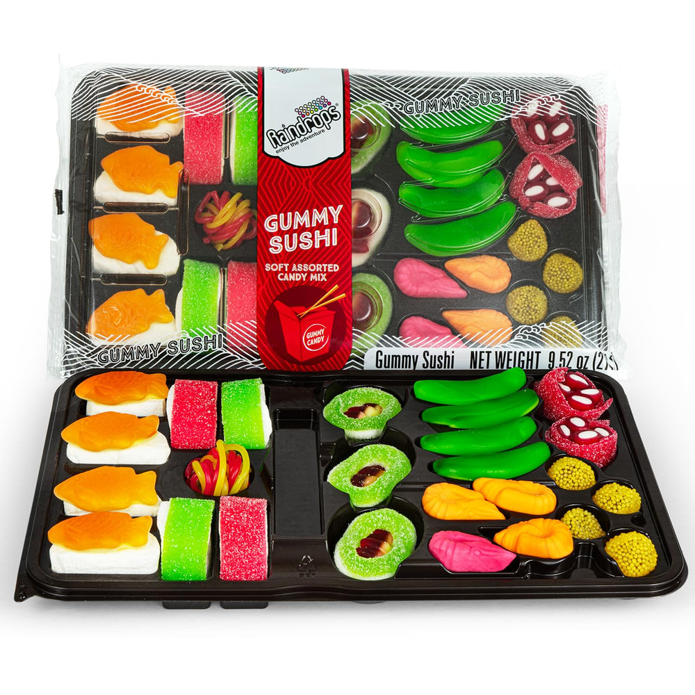 Raindrops gummy sushi candy in a bento box, vibrant and kid-friendly party snack.