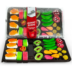 Raindrops gummy sushi candy in a bento box, vibrant and kid-friendly party snack.