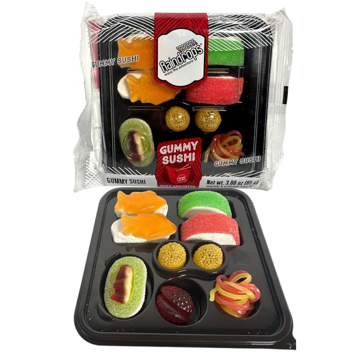 Raindrops Gummy Sushi Candy in a mini bento box, a playful party treat