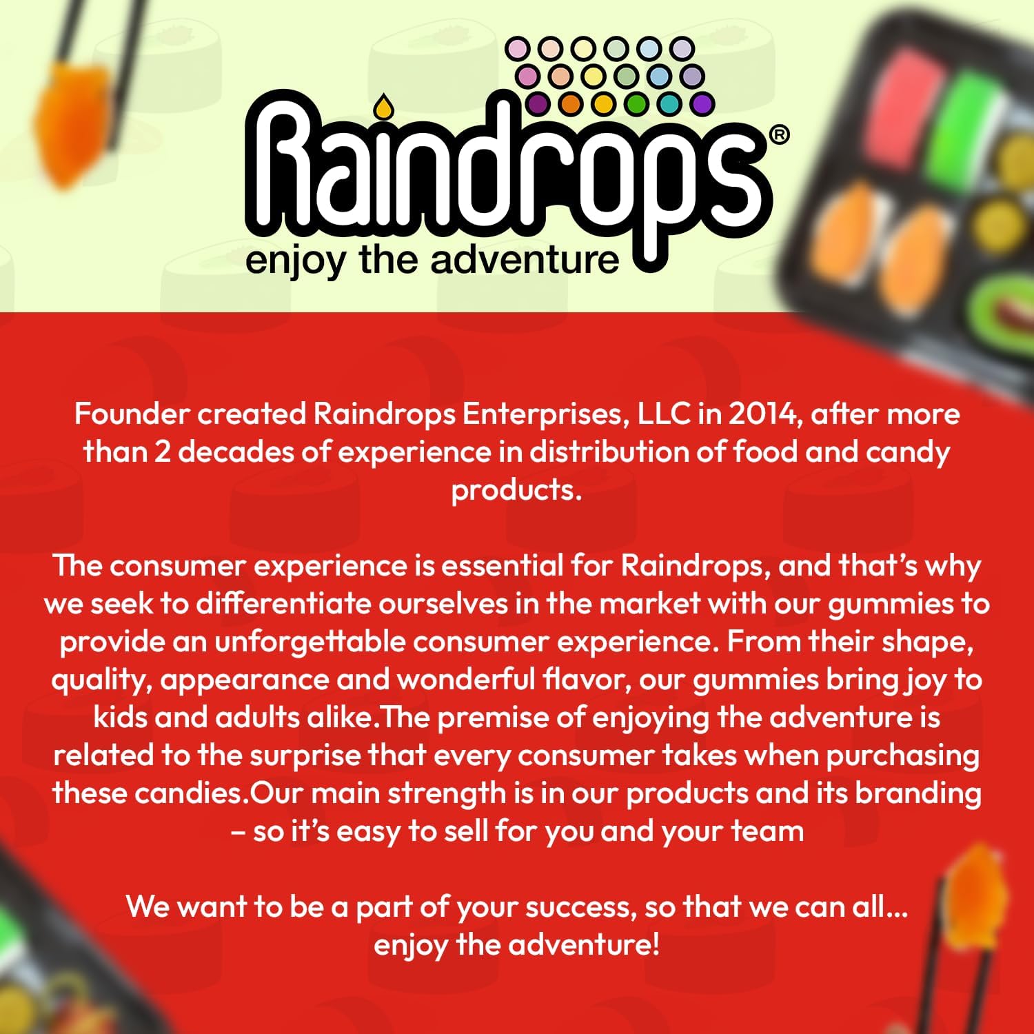 Raindrops sushi candy assortment with fruity flavors for sharing