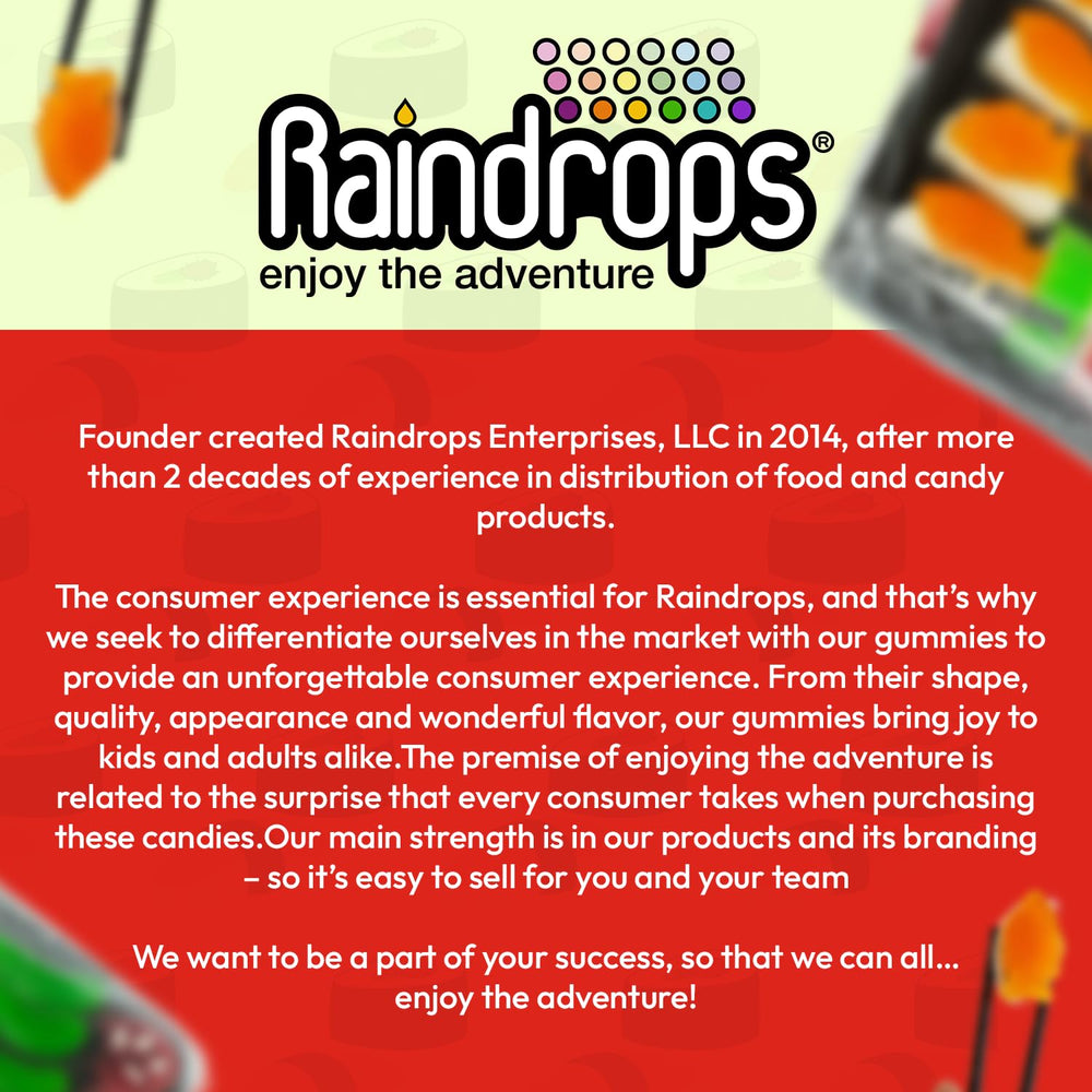 Raindrops gummy sushi pieces provide playful flavors for kids and adults.