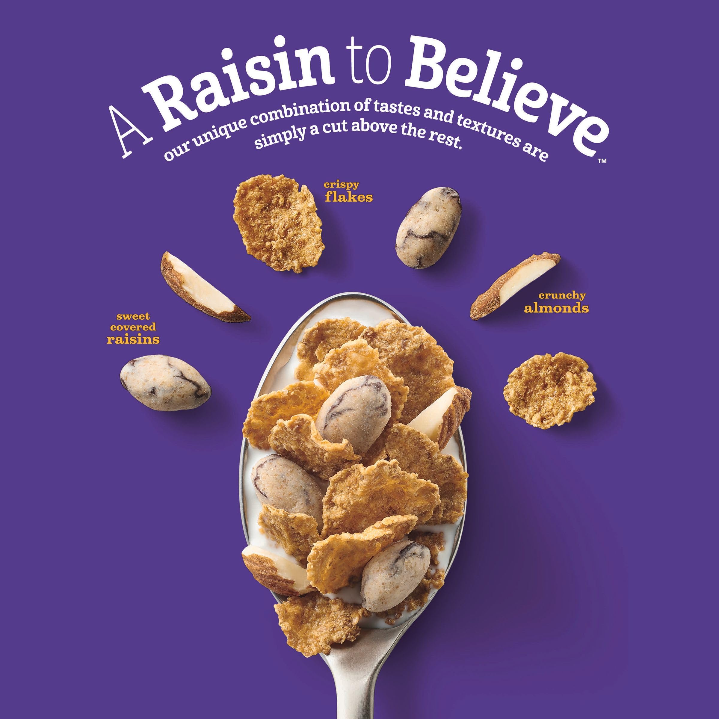 Raisin Nut Bran cereal close-up shows almonds for crunch and taste.