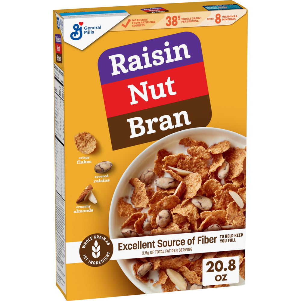 Raisin Nut Bran cereal flakes with almonds in a bowl, fiber-rich breakfast.