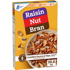 Raisin Nut Bran cereal flakes with almonds in a bowl, fiber-rich breakfast.