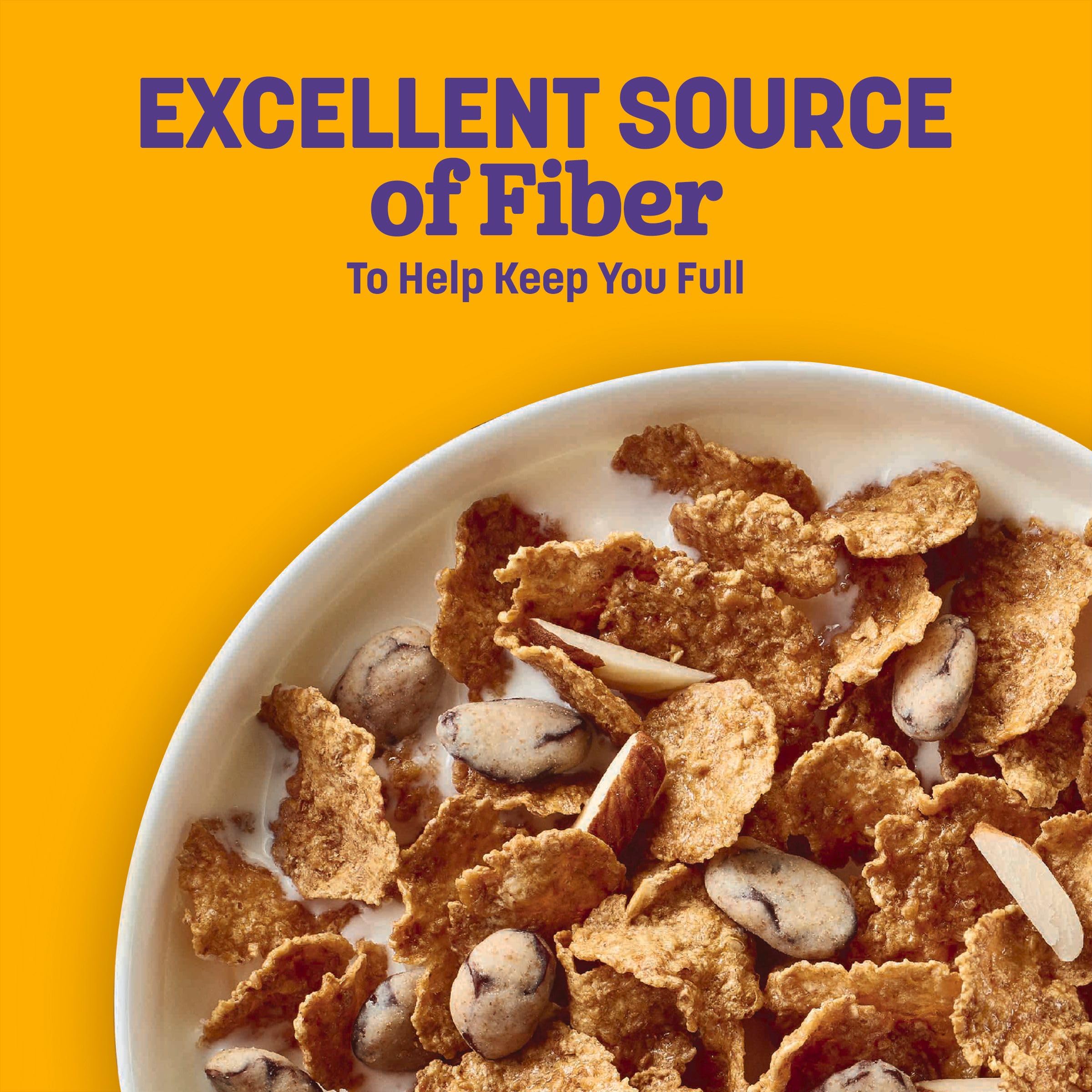 Raisin Nut Bran cereal box highlights whole grain content and fiber benefits.