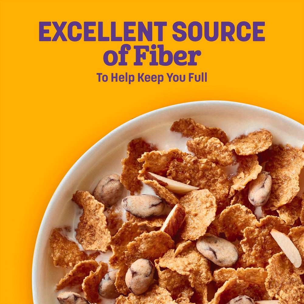Raisin Nut Bran cereal box highlights whole grain content and fiber benefits.