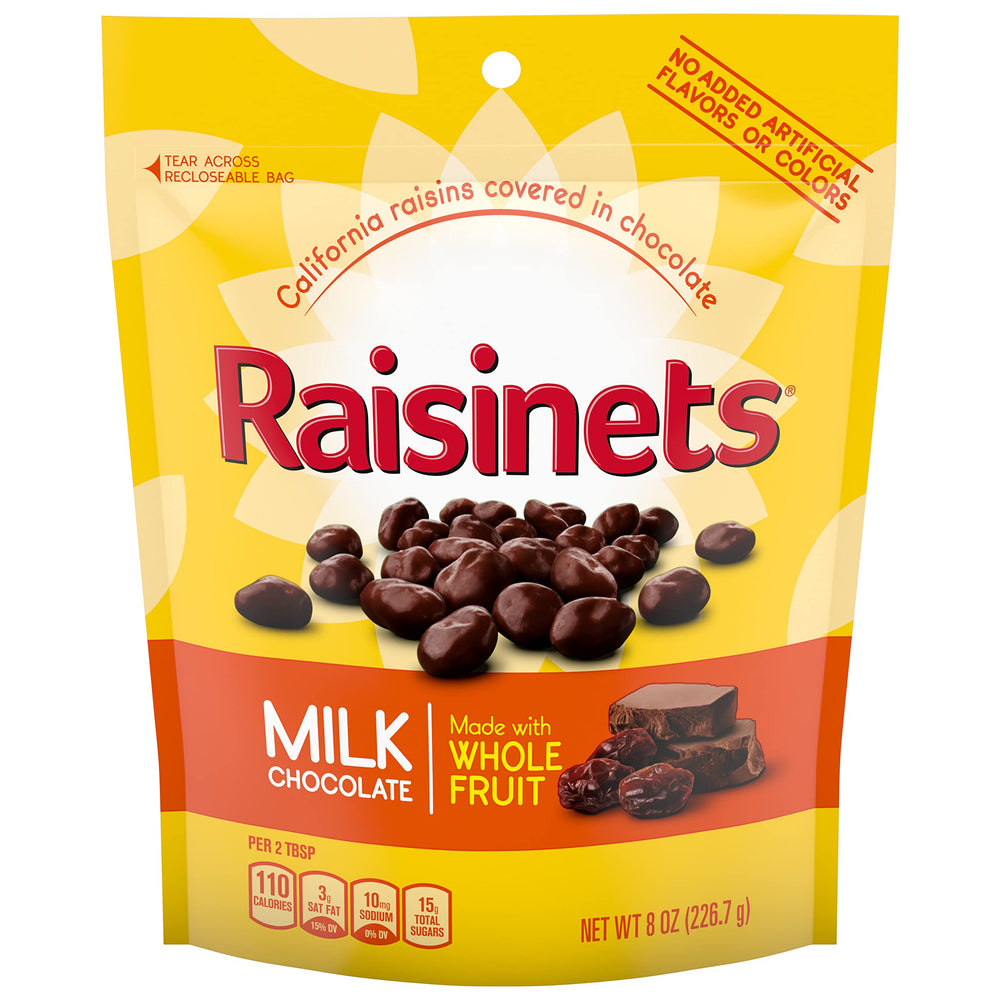 Raisinets milk chocolate raisins close-up showing glossy coating and fruity center.