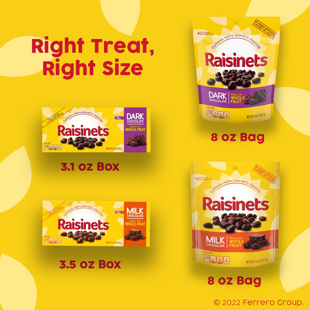 Raisinets resealable bag demonstrates convenience and freshness between bites.