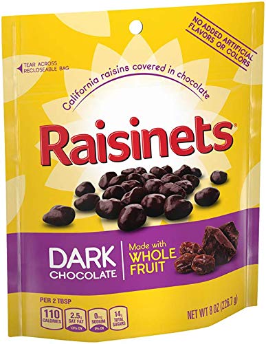 Raisinets close-up shows dark chocolate coating on plump raisins.