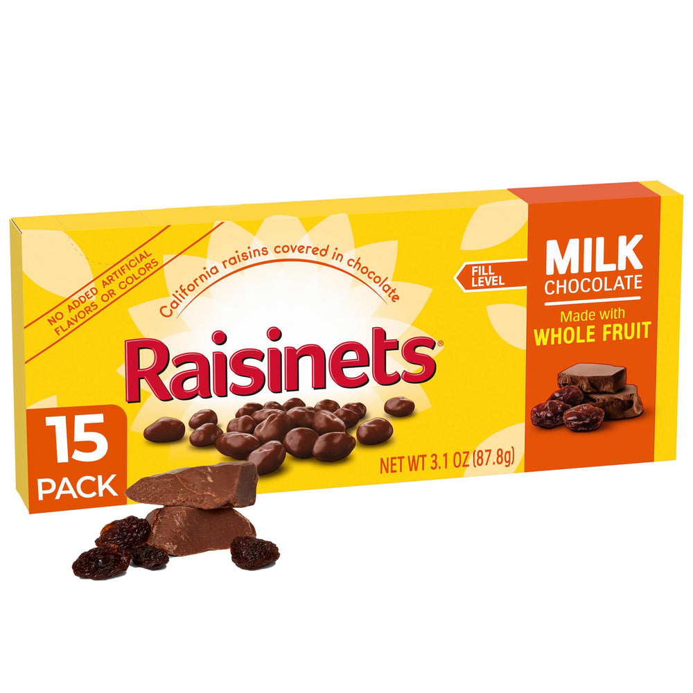 Raisinets milk chocolate covered raisins in a front-facing box for snacks and movie nights.