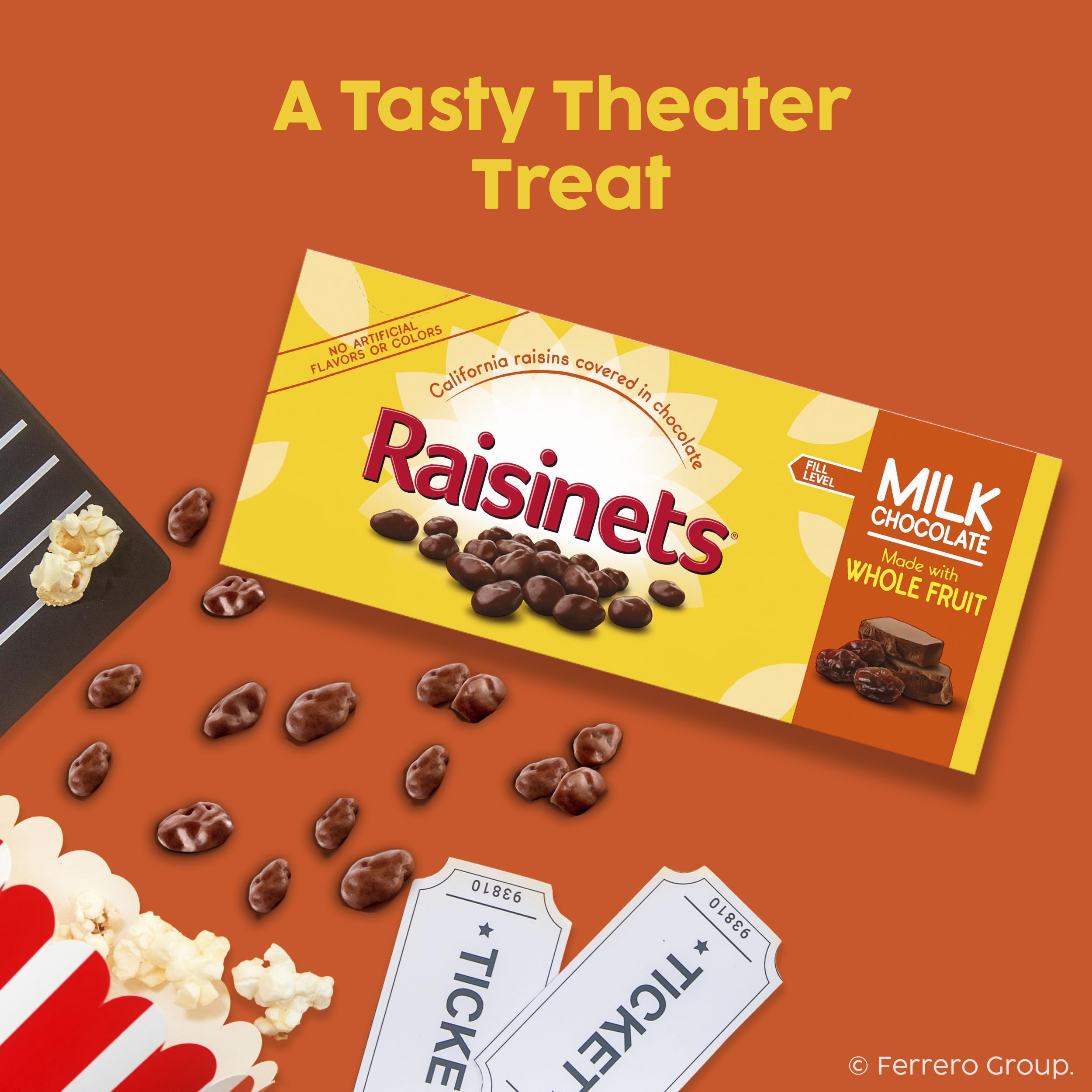 Raisinets movie night setup with the 3.1 oz box on a table.