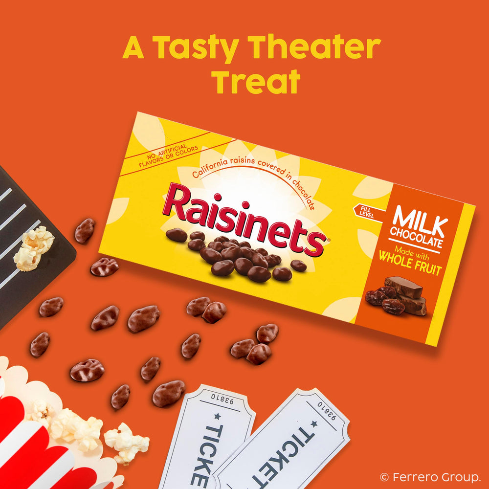 Raisinets movie night setup with the 3.1 oz box on a table.