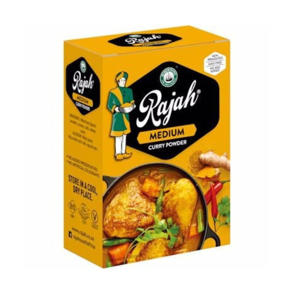 Rajah Medium Curry Powder label highlights premium blend and aroma.