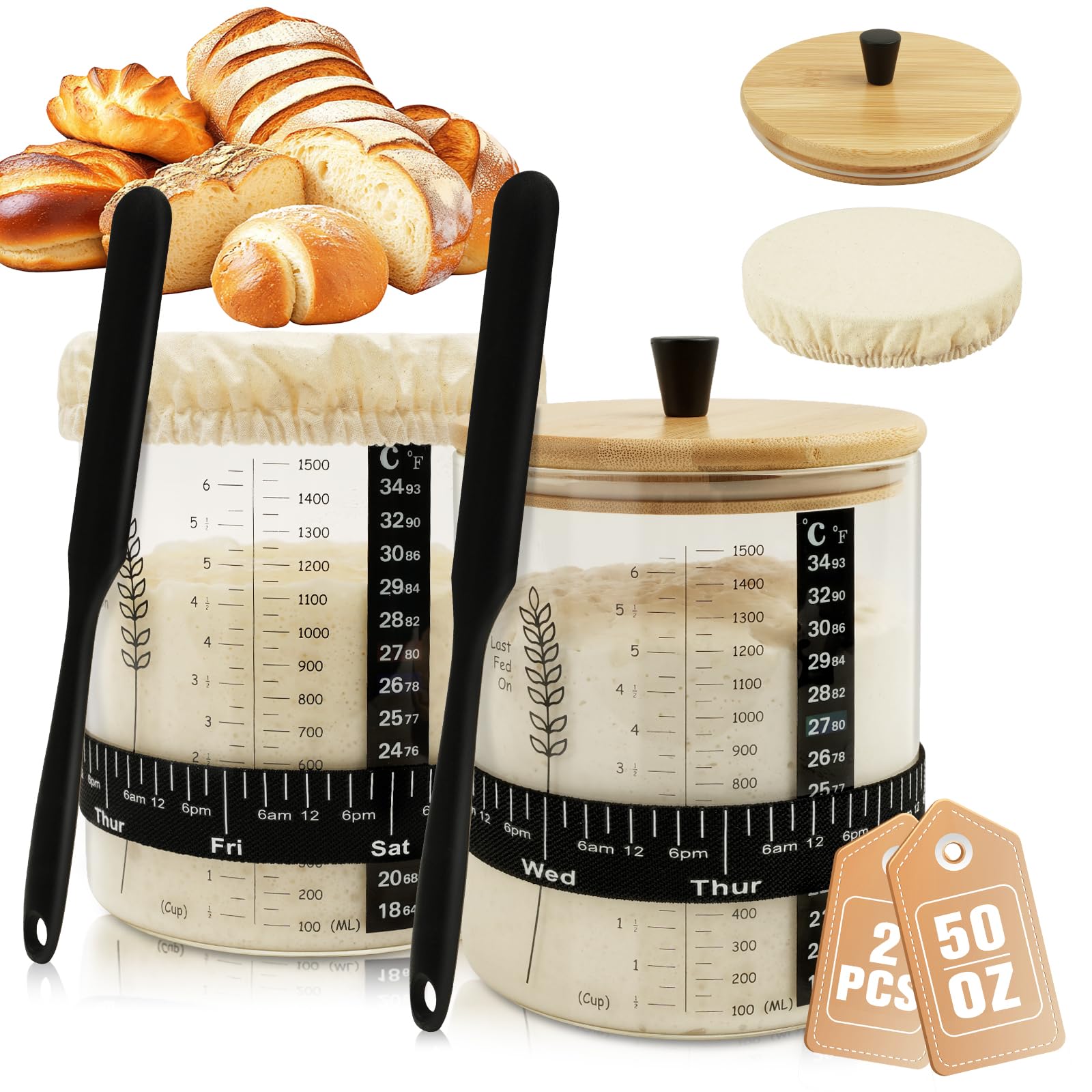 Rakovar 50oz sourdough starter jar two-pack with clear measurement scales for precise feeding.