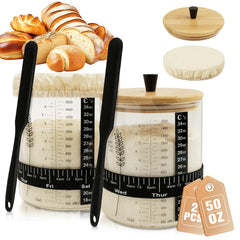 Rakovar 50oz sourdough starter jar two-pack with clear measurement scales for precise feeding.
