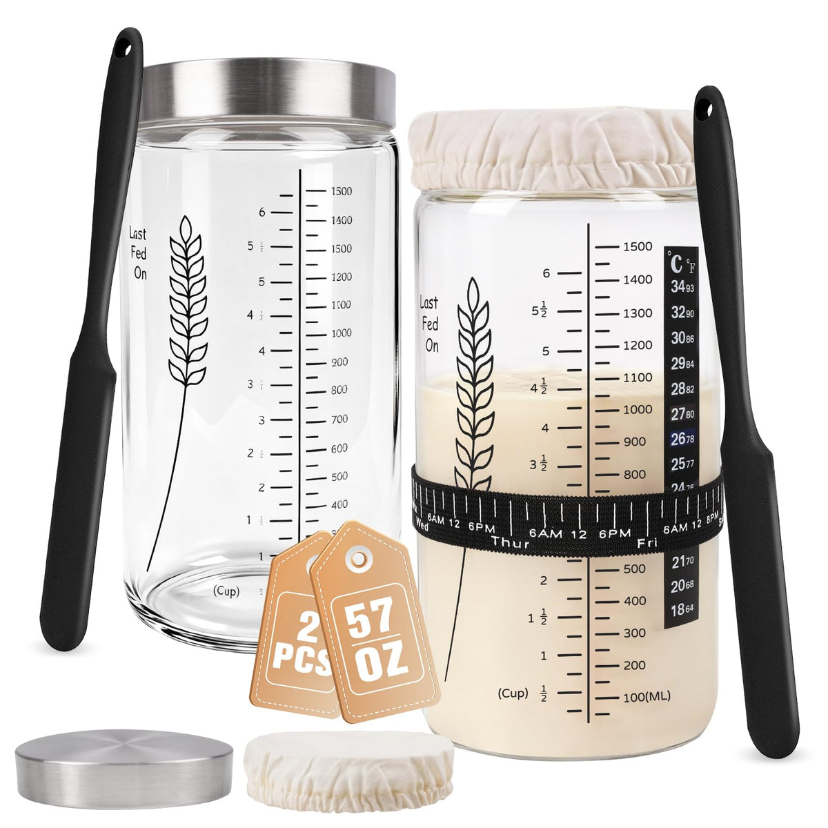 Rakovar premium sourdough starter jar 57oz two-pack in black showing the set design for bulk baking