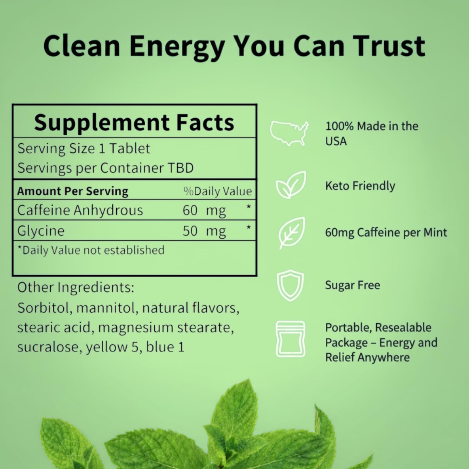 Rally Energy close-up mint reveals texture, implying fast dissolve and minty breath freshening.