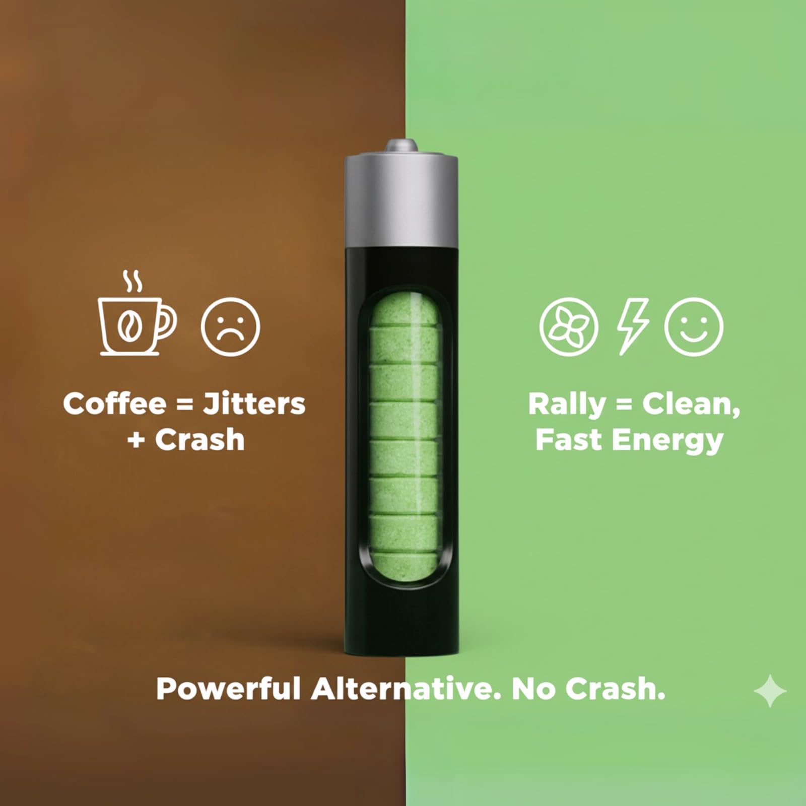 Rally Energy espresso-like cue hints at fast energy without sugar.